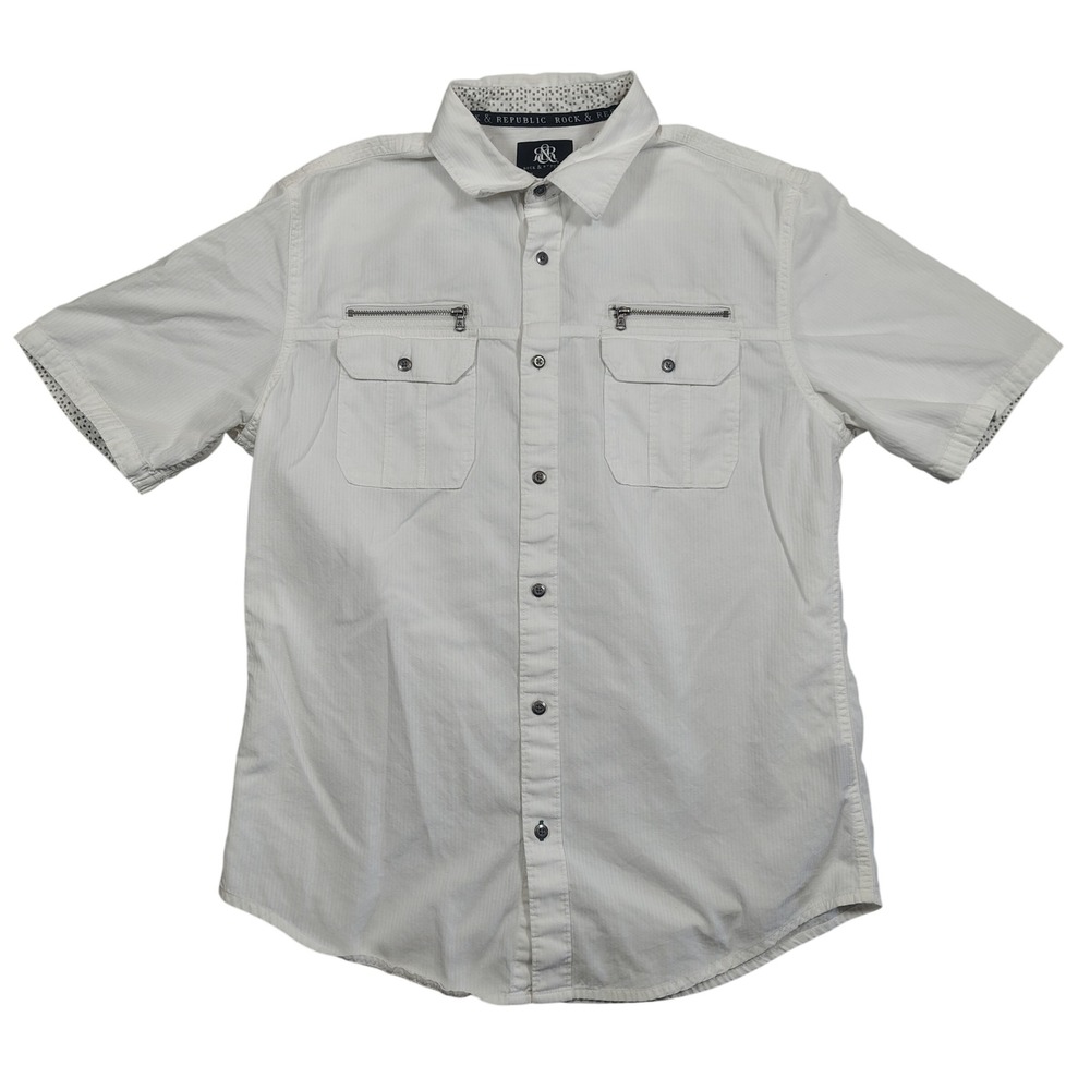Rock & Republic Button Down Mens M White Utility Zipper Pockets Striped Cotton